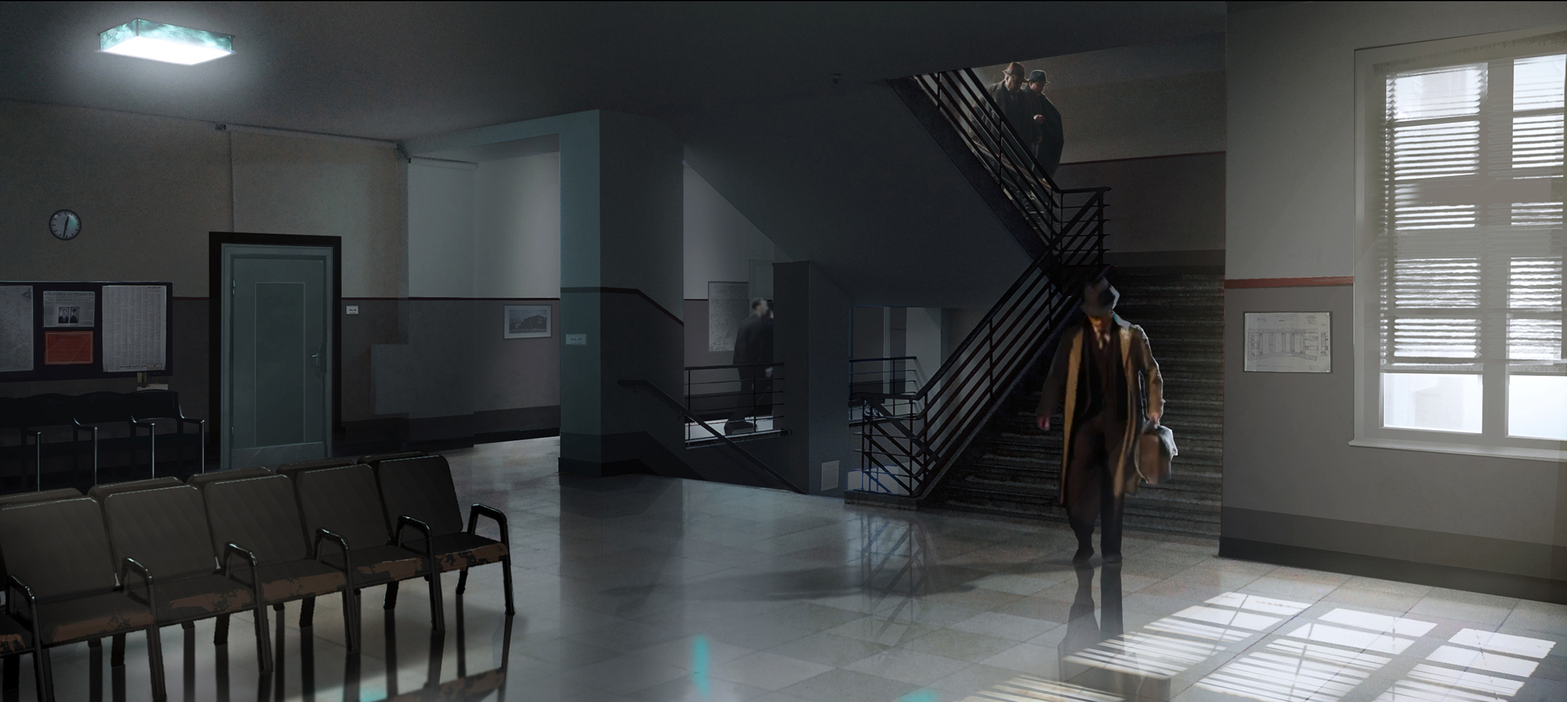 Babylon Berlin interior concept art showing the German police station corridor at night