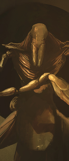 Character design concept art, eerie and dark, showing a huge humanoid tick with scary, large palps