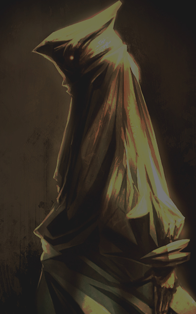 Character design concept art, eerie and dark, showing a violent man wrapped in plastic