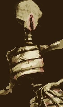 Dark fantasy creature design of a skeletal wasp creature in white and pink