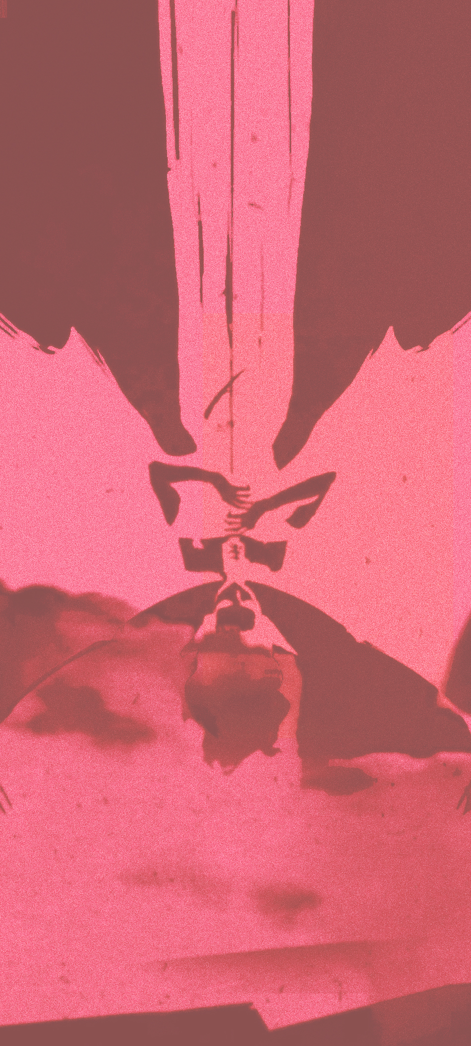 Poster design for Modernismus 12, an underground techno and live music event in Berlin, a still from the pink vampire music video showing the singer of the band Die Anstalt as a vampire hanging upside down and singing, artist announcement animation still