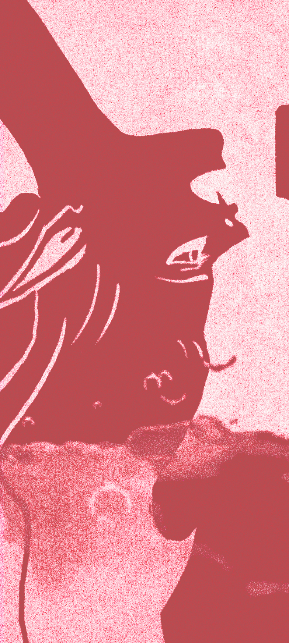 Poster design for Modernismus 12, an underground techno and live music event in Berlin, a still from the pink vampire music video showing the singer of the band Die Anstalt as a vampire hanging upside down and singing, artist announcement animation still, Neue Neue Deutsche Welle