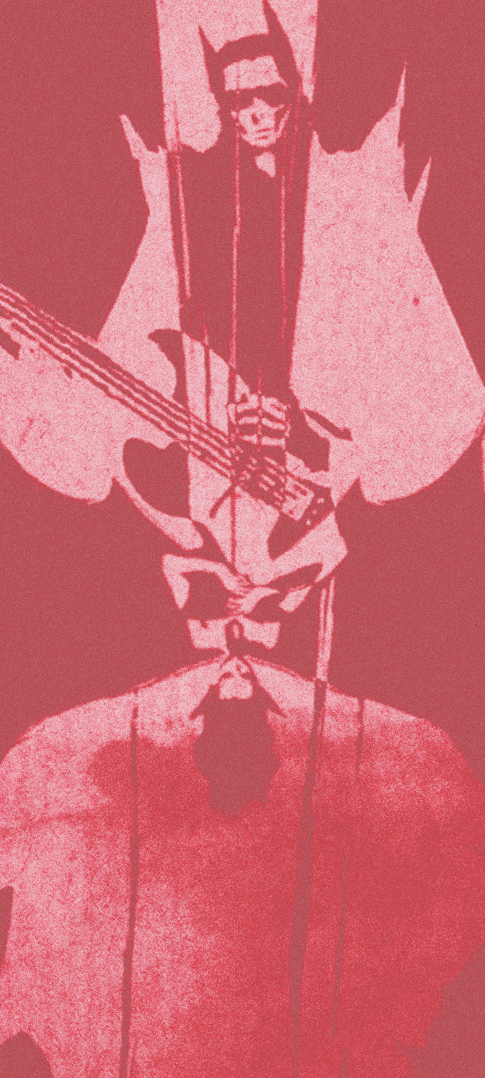 Poster design for Modernismus 12, an underground techno and live music event in Berlin, a still from the pink vampire music video showing the guitarist and bassist of the band Die Anstalt as vampires playing their instruments, grunge and Neue Neue Deutsche Welle, artist announcement animation still