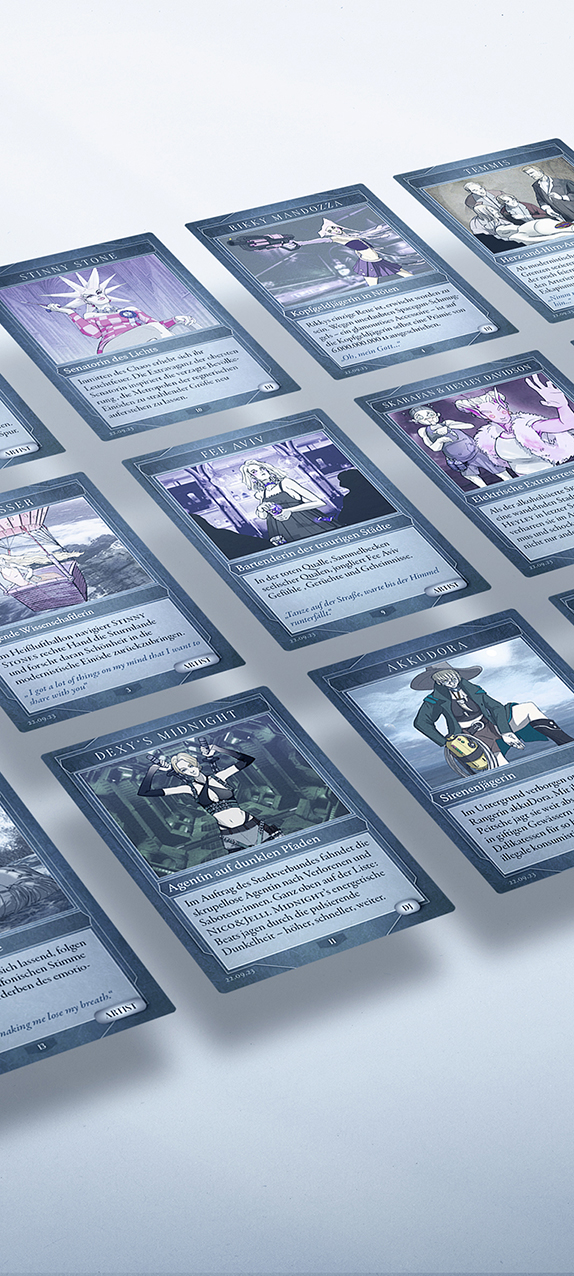 Modernismus 6 Berlin club event artist announcement, hand-drawn custom character designs for all bands and artists in manga style as trading cards like Yu-Gi-Oh