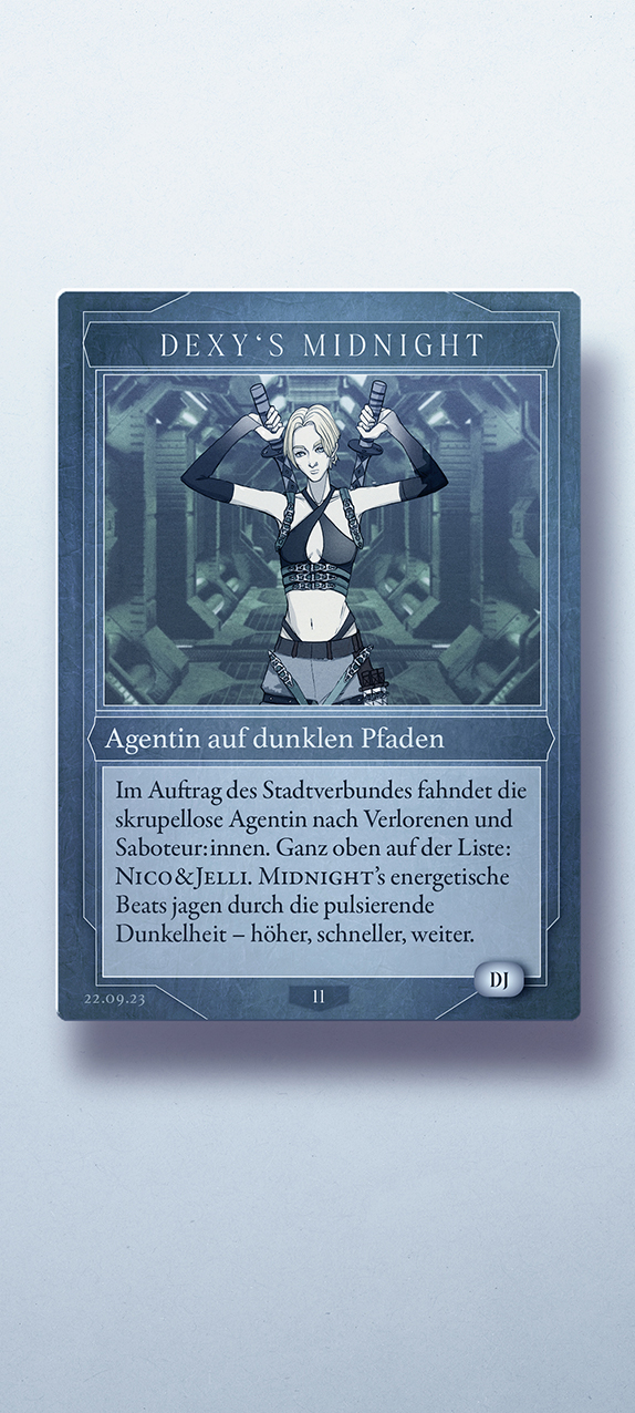 Modernismus 6 Berlin techno and live music underground club event artist announcement, hand-drawn custom character design for the techno DJ Dexys Midnight depicted as a cool headhunter in manga style as a trading card like Yu-Gi-Oh