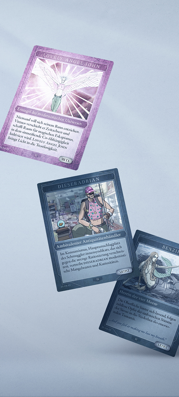 Modernismus 6 Berlin techno and live music underground club event artist announcement, hand-drawn custom character designs, three trading cards showing the DJ Dieseradrian, the angel John and the artist Benzii as a mermaid in manga style like Yu-Gi-Oh