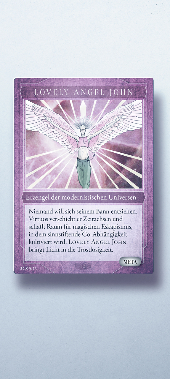Modernismus 6 Berlin techno and live music underground club event artist announcement, hand-drawn custom character design showing an angel called John in manga style as a trading card like Yu-Gi-Oh