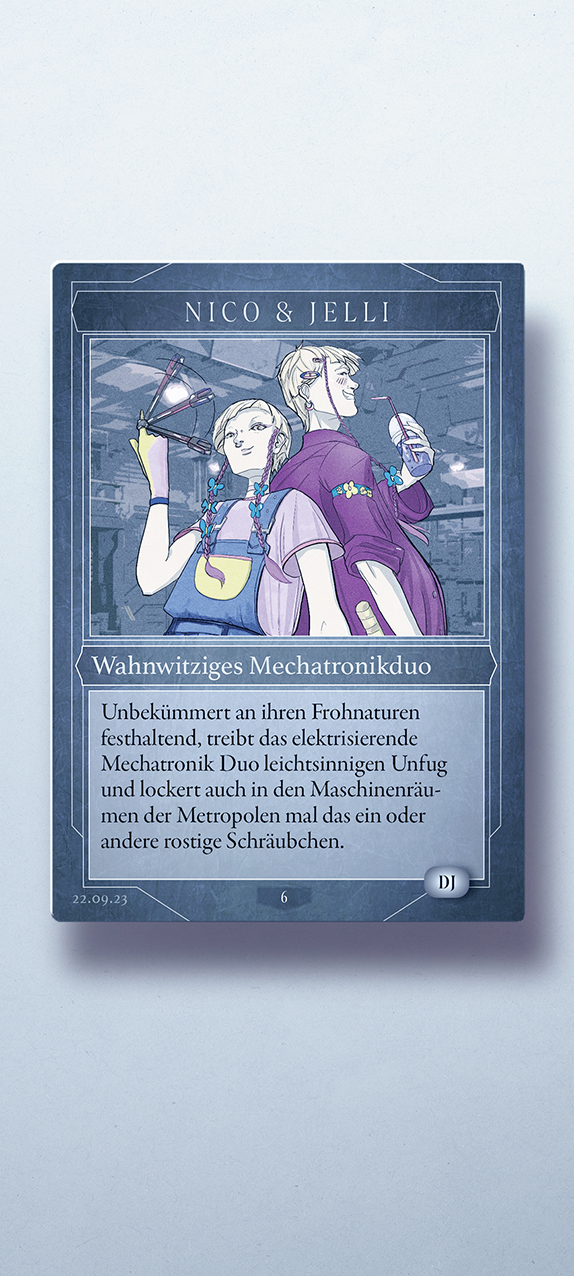 Modernismus 6 Berlin techno and live music underground club event artist announcement, hand-drawn custom character design for the trance-techno DJs Nico and Jelli in manga style as a trading card like Yu-Gi-Oh