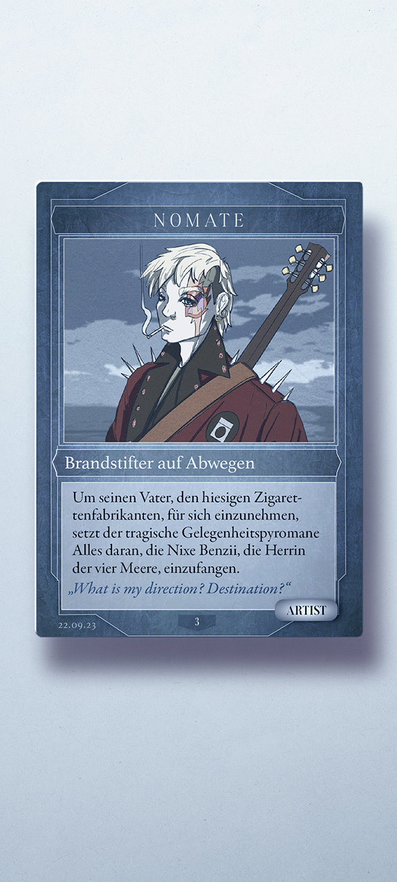 Modernismus 6 Berlin techno and live music underground club event artist announcement, hand-drawn custom character design for the singer-songwriter Nomate in manga style as a trading card like Yu-Gi-Oh
