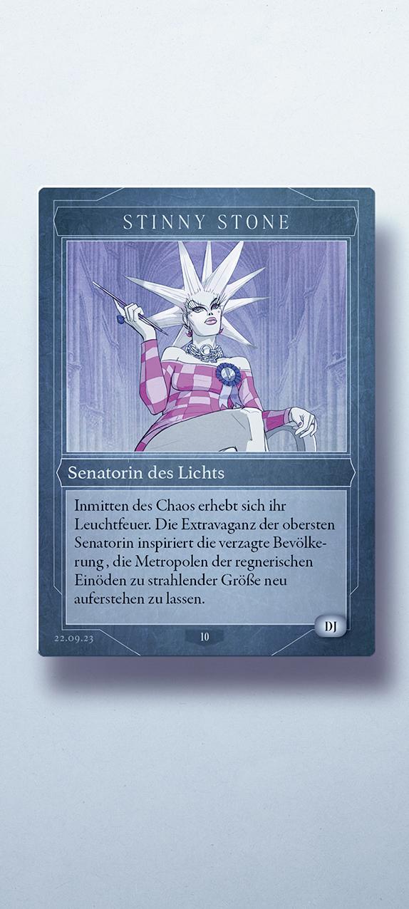 Modernismus 6 Berlin club event artist announcement, hand-drawn custom character design for the techno DJ Stinny Stone depicted as an evil godmother in manga style as a trading card like Yu-Gi-Oh