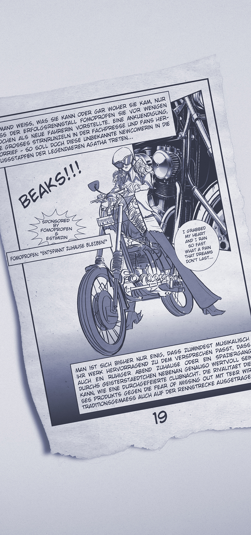 Modernismus 7 Berlin techno and live music underground club event artist announcement in black-and-white manga style showing the up-and-coming singer Beaks as a motorcycle rider