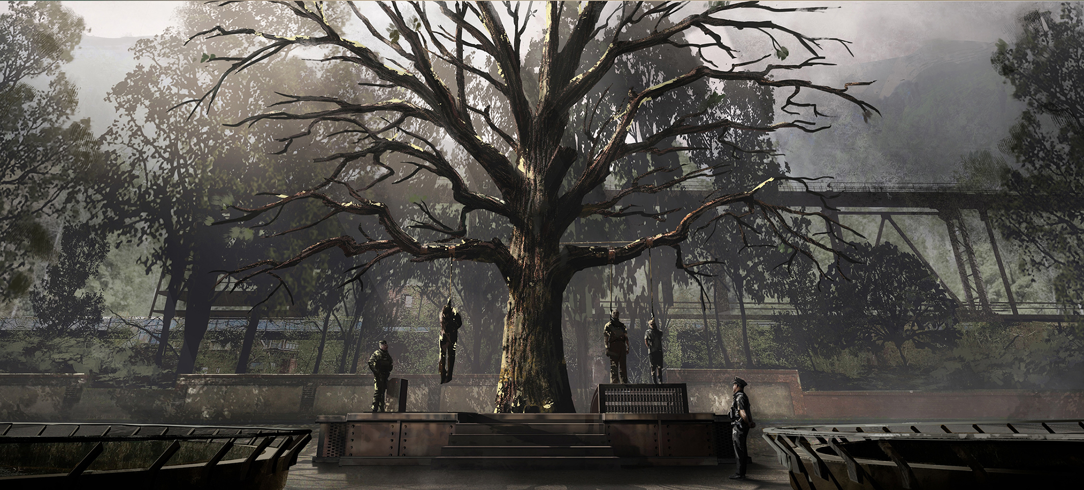 Exterior environment concept artwork of the hanging tree in District 12, melancholic atmosphere, The Hunger Games: The Ballad of Songbirds and Snakes