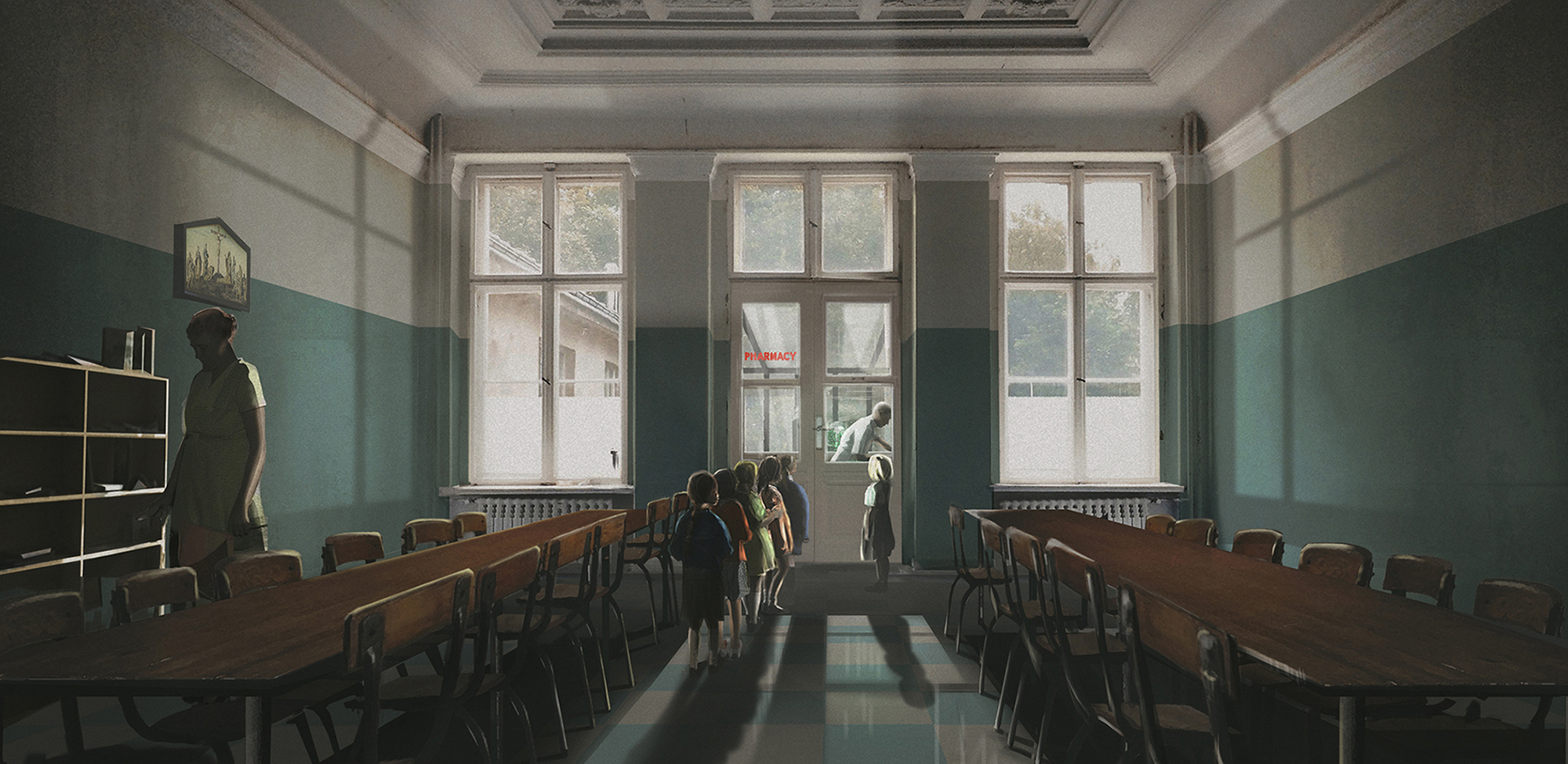 The Queen's Gambit interior concept artwork showing the Methuen cafeteria where the children receive their pills