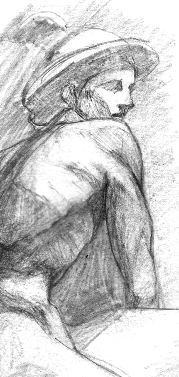 Fine-art pencil drawing of Hermes, the Greek god, sitting with a winged helmet