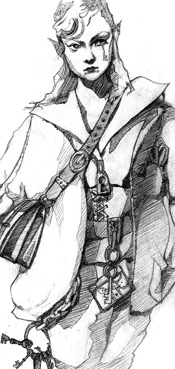 Traditional fine-art pencil drawing of the fantasy character Minnerich, the incredible kexkeeper, a non-binary character